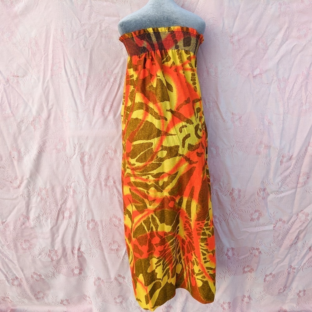 Vintage 70s Hawaiian Strapless Maxi Dress M ILGWU Neon Abstract Tiki Resort - Picture 8 of 15
